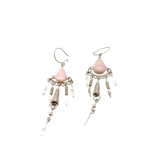 Vintage Sterling Silver and Blush Pink Rose Quartz Teardrop Dangle Earrings - Picture 4 of 4